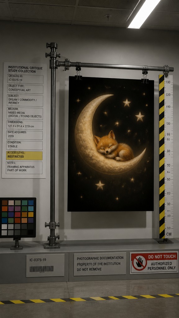 a sleeping baby fox curled on a crescent moon among soft stars, gentle and warm, no text — Institutional Critique Conceptual Art Style baby announcement