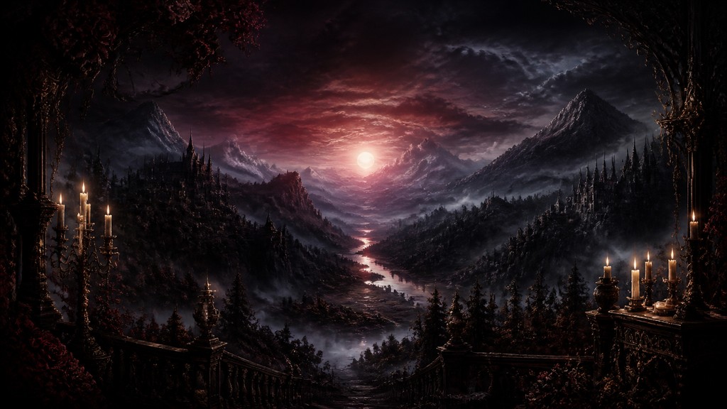 a vast valley with a river winding toward distant mountains at sunrise, no people, no text — Dark Gothic Art desktop wallpaper