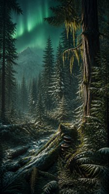 a snowy pine forest under the northern lights, no people — Forestcore Aesthetic wallpaper