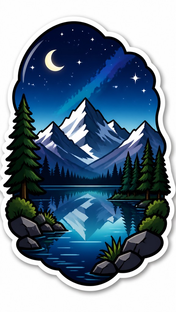 a tranquil mountain lake beneath a starry night sky, no people, no text — Die-Cut Sticker Design phone wallpaper