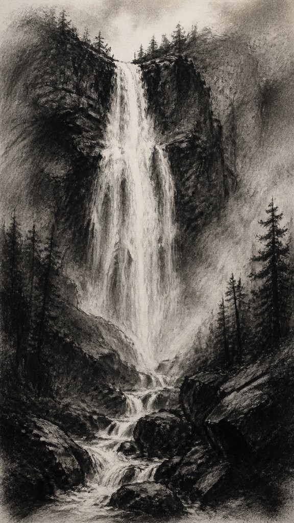 towering waterfall cascading down a cliff — Charcoal Portrait Art Style