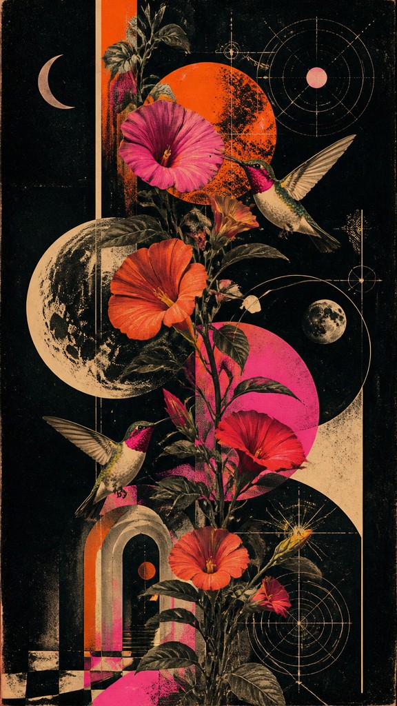 a climbing vine of flowers and hummingbirds on a dark background, tall wrapping composition, no text — Retro-Futuristic Pop Surrealism phone case design