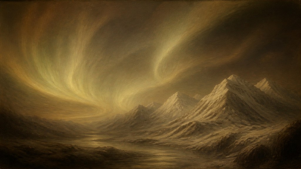 a flowing aurora over snowy peaks, wide sweeping composition, no people, no text — Sfumato Portrait Renaissance Art Style banner