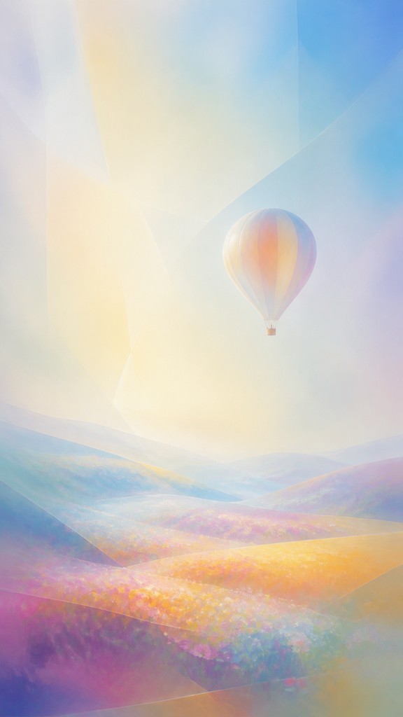 a hot air balloon drifting over rolling flower fields on a sunny day, cheerful, no text — Light and Space Art Style greeting card