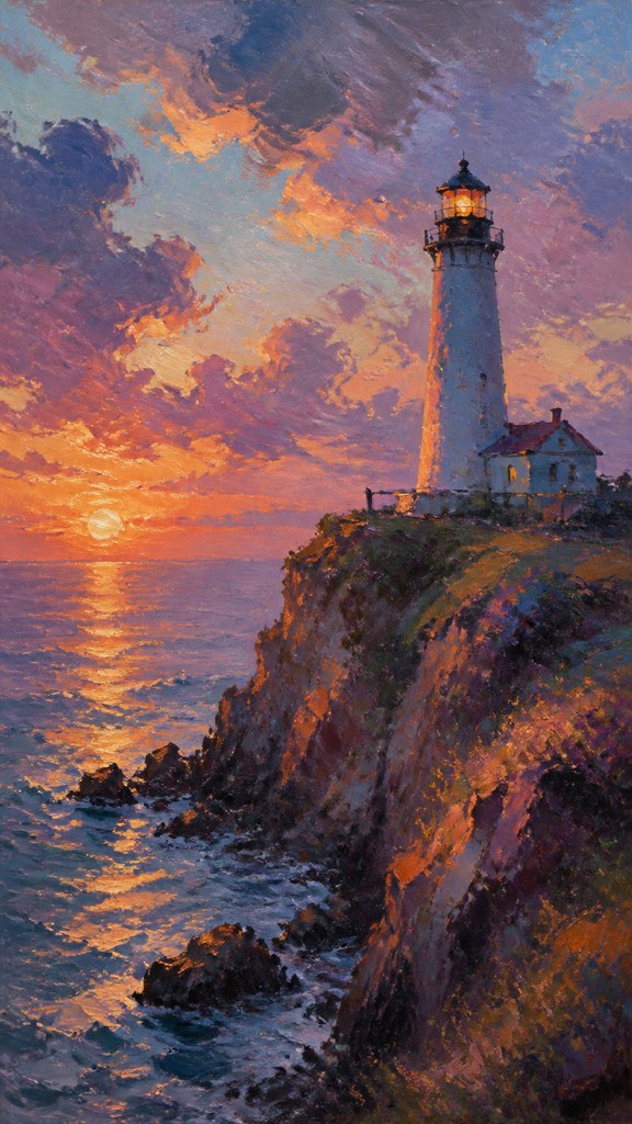 a lone lighthouse on a cliff at dusk under a dramatic sky, no text or lettering — Impressionist Nature Art poster