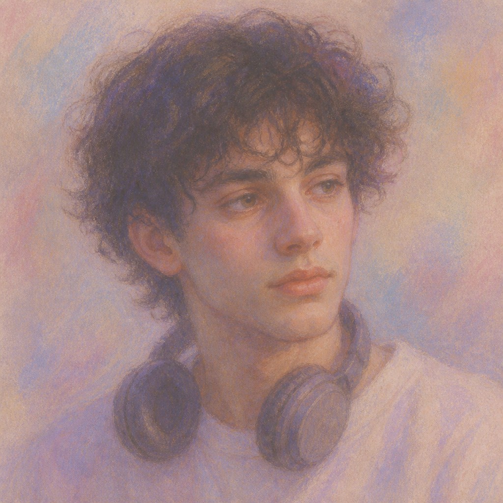 head-and-shoulders portrait of an original character: a young man with curly dark hair and headphones around his neck, plain backdrop, no text — Pastel Art Style Discord profile picture