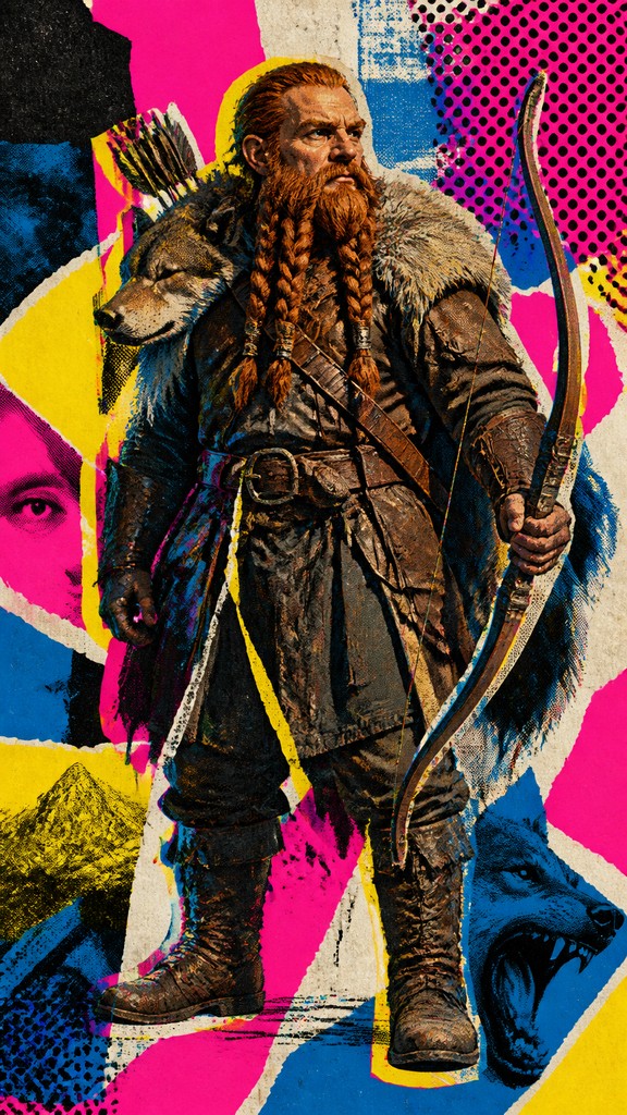 full-body original character: a dwarven ranger with a braided auburn beard, worn leather armor, a longbow and a wolf-pelt cloak, neutral background, no text — Collage Pop Art Style tabletop character portrait