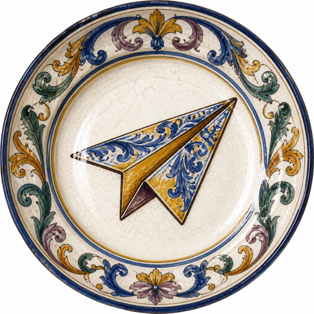 a paper plane, clean minimal composition on a plain background, no text — Majolica Ceramic Art Style icon