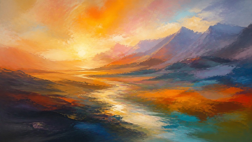a vast valley with a river winding toward distant mountains at sunrise, no people, no text — Abstract Landscape Art Style desktop wallpaper