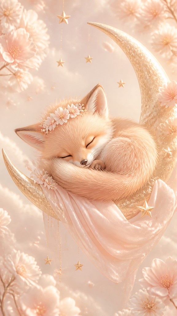 a sleeping baby fox curled on a crescent moon among soft stars, gentle and warm, no text — Light Feminine Aesthetic baby announcement