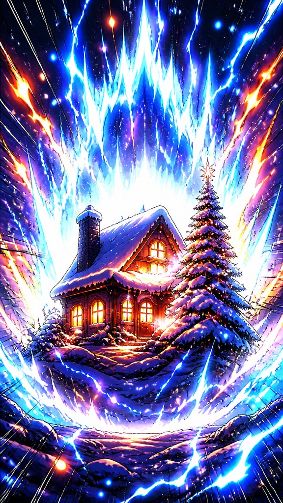 a snow-covered cottage with warm glowing windows beside a decorated pine tree, gentle snowfall, no text — Shounen Power-Up Aura Portrait Christmas card