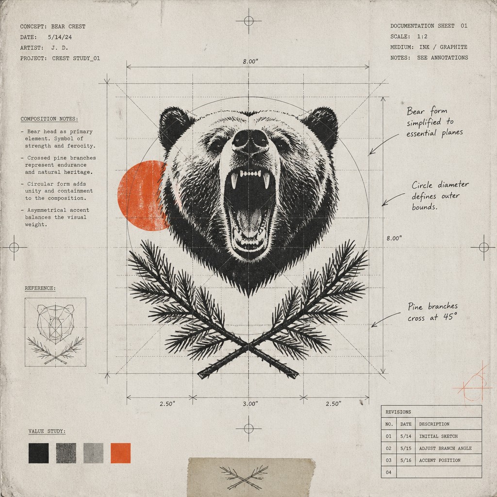 a roaring bear head above crossed pine branches, bold graphic composition on a plain background, no text — Conceptual Art Style t-shirt design