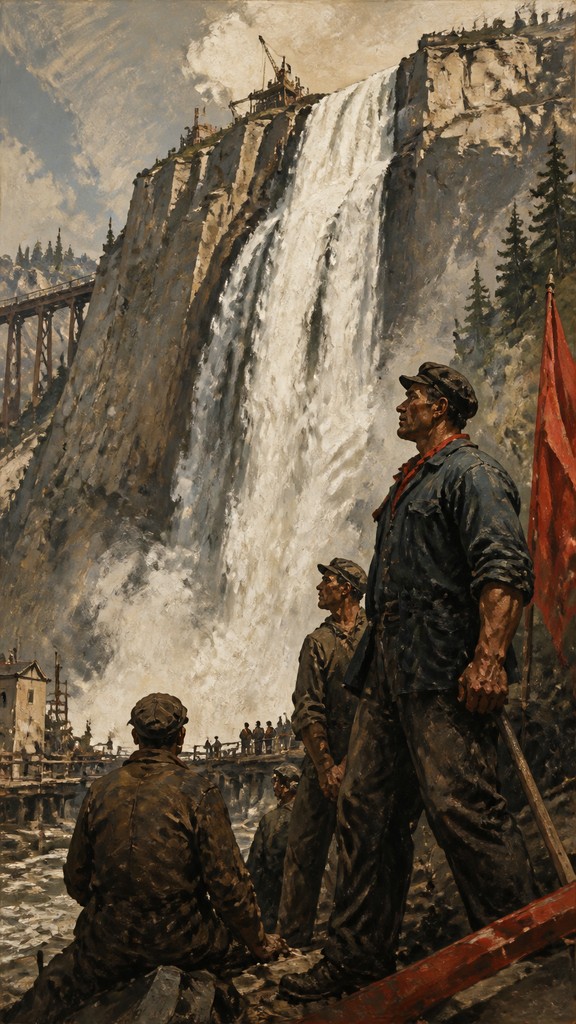 towering waterfall cascading down a cliff — Social Realism Art Style
