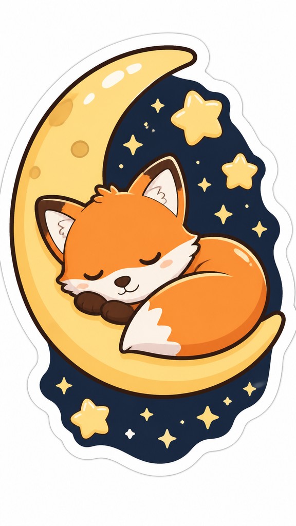 a sleeping baby fox curled on a crescent moon among soft stars, gentle and warm, no text — Character Sticker Design baby announcement