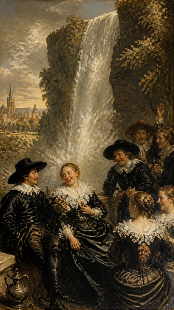 towering waterfall cascading down a cliff — Haarlem Golden Age Art Style