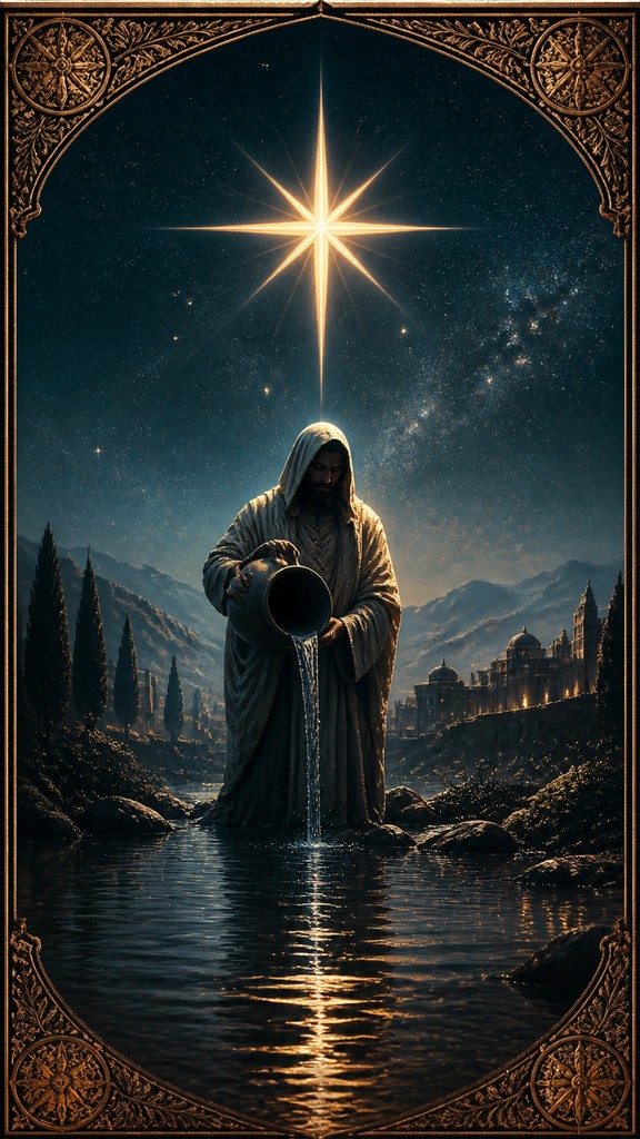 a robed figure pouring water beneath a large eight-pointed star in a night sky, symmetrical composition with an ornate decorative border, no text — Matte Painting Digital Art Style tarot card