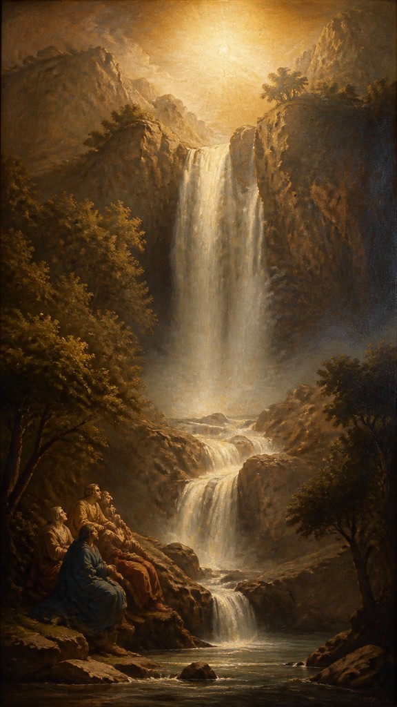 towering waterfall cascading down a cliff — Renaissance Religious Art