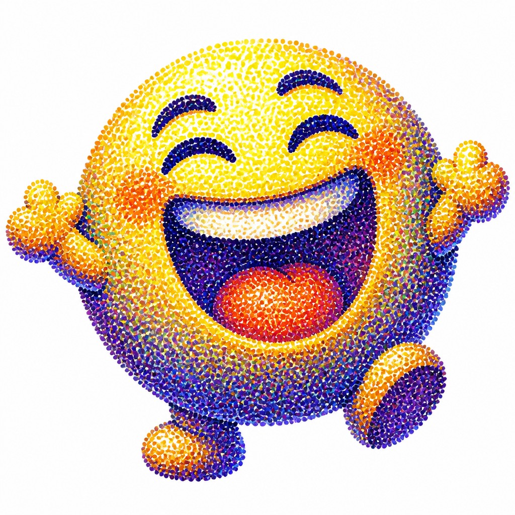 an exaggerated laughing face of an original round mascot character, bold and readable at small size, plain background, no text — Pointillist Impressionism Art Style Twitch emote