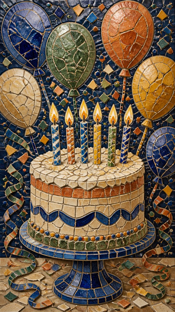 a birthday cake with lit candles surrounded by balloons and confetti, festive vertical composition, no text — Ceramic Mosaic Art Style birthday card