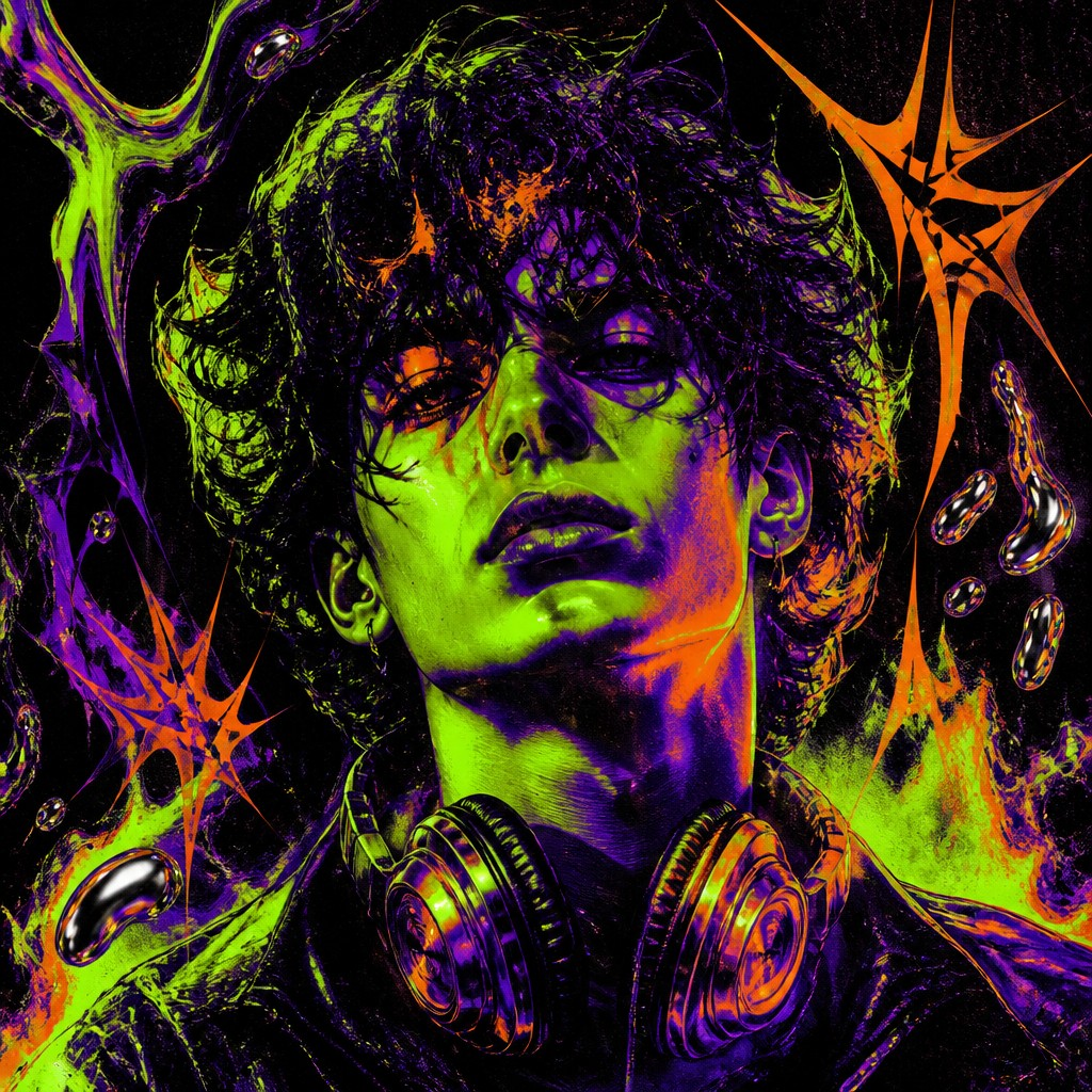 head-and-shoulders portrait of an original character: a young man with curly dark hair and headphones around his neck, plain backdrop, no text — Acid Graphics Discord profile picture