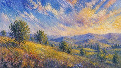 rolling hills with scattered trees under a big dramatic sky, no people — Impressionist Landscape Art Style wallpaper