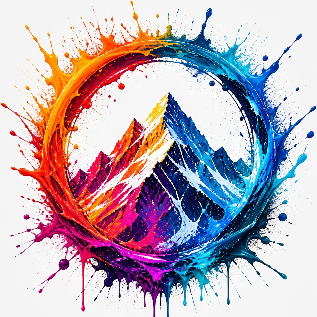 an emblem of a mountain peak inside a circle, simple bold shapes on a plain background, no text or lettering — Color Splash logo concept