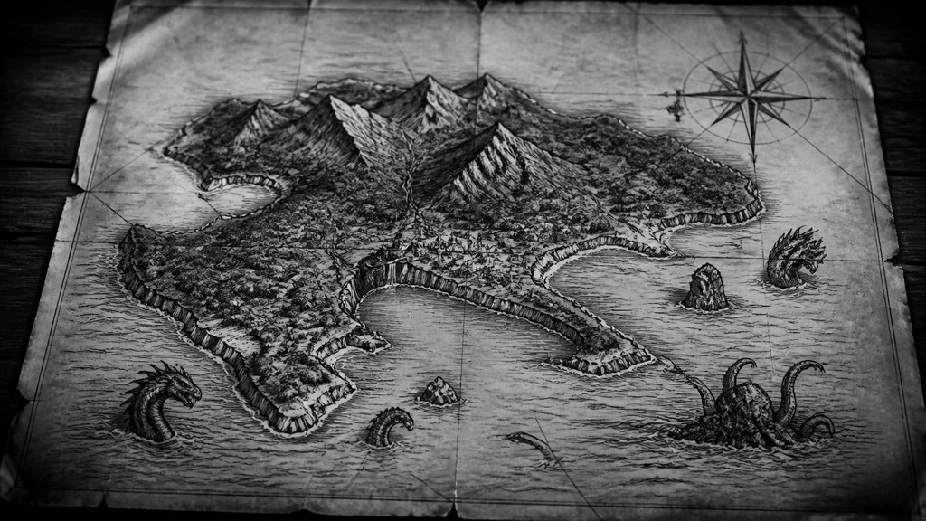 a map of an island realm with mountains, forests, a sheltered bay, sea monsters in the water and a compass rose, no text labels — Street Photography Style fantasy map