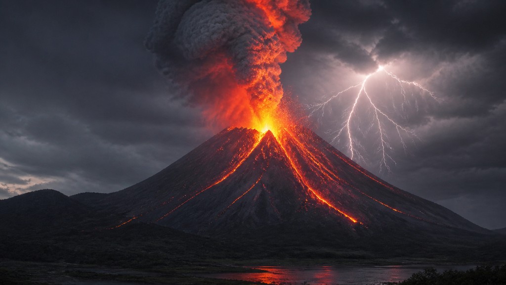 an erupting volcano with lightning strikes, dramatic wide composition, no text — Realism Art Style YouTube thumbnail
