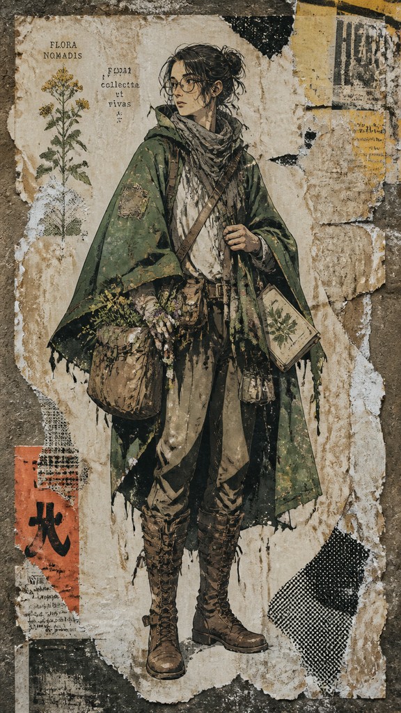 full-body original character: a wandering botanist with a satchel of plants, a patched green cloak, tall boots and round glasses, neutral background — Wheatpaste Poster Street Art Style character design