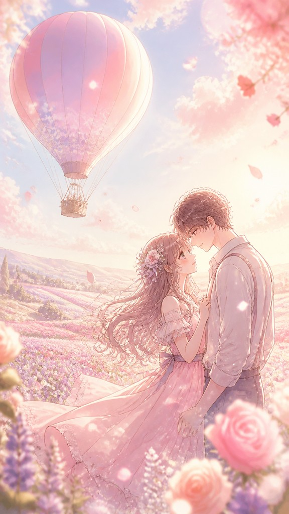 a hot air balloon drifting over rolling flower fields on a sunny day, cheerful, no text — Shoujo Romance Anime Art Style greeting card