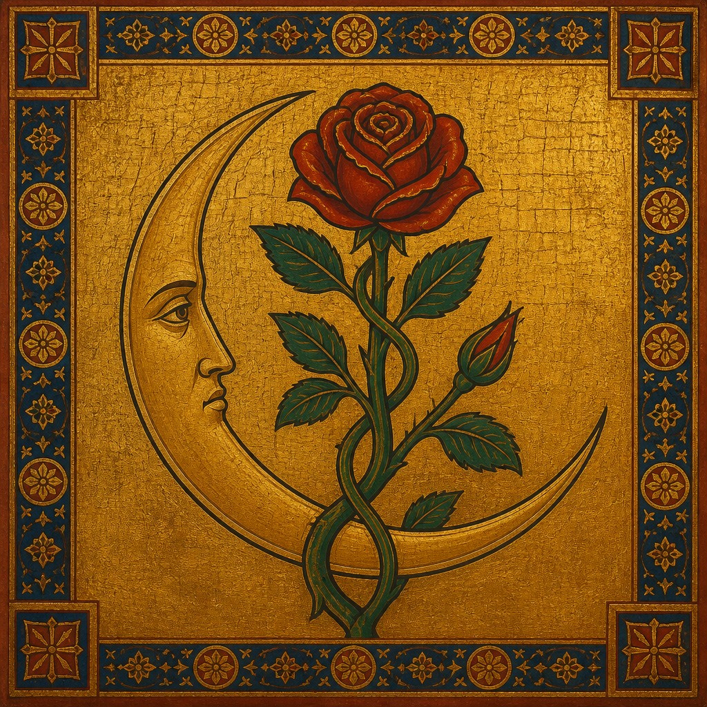 a rose entwined with a crescent moon, clean balanced composition on a plain background, no text — Orthodox Icon Religious Art tattoo design
