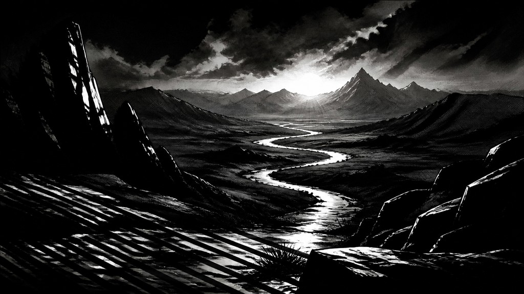 a vast valley with a river winding toward distant mountains at sunrise, no people, no text — Noir Comic Art desktop wallpaper