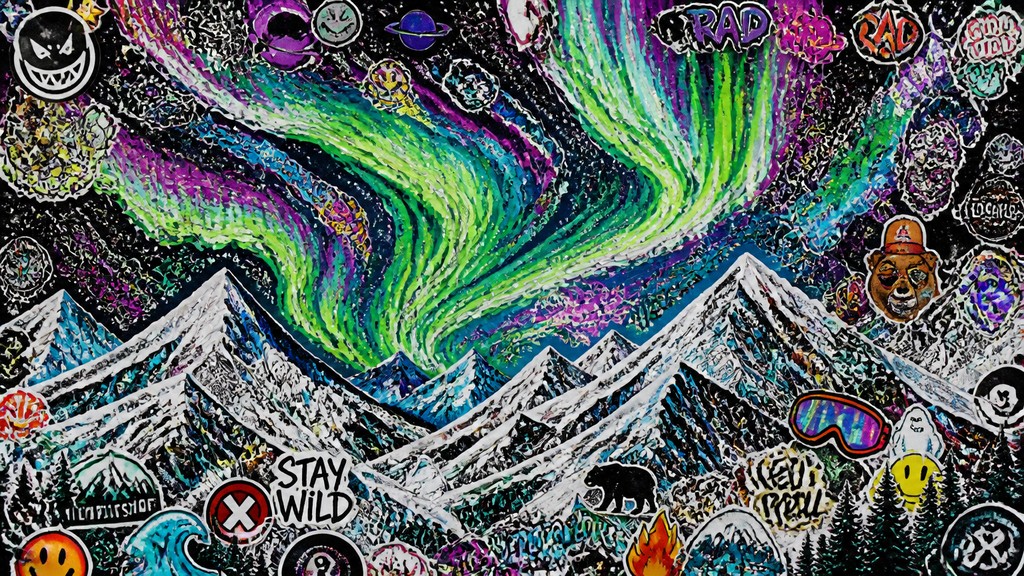 a flowing aurora over snowy peaks, wide sweeping composition, no people, no text — Sticker Bomb Street Art Style banner