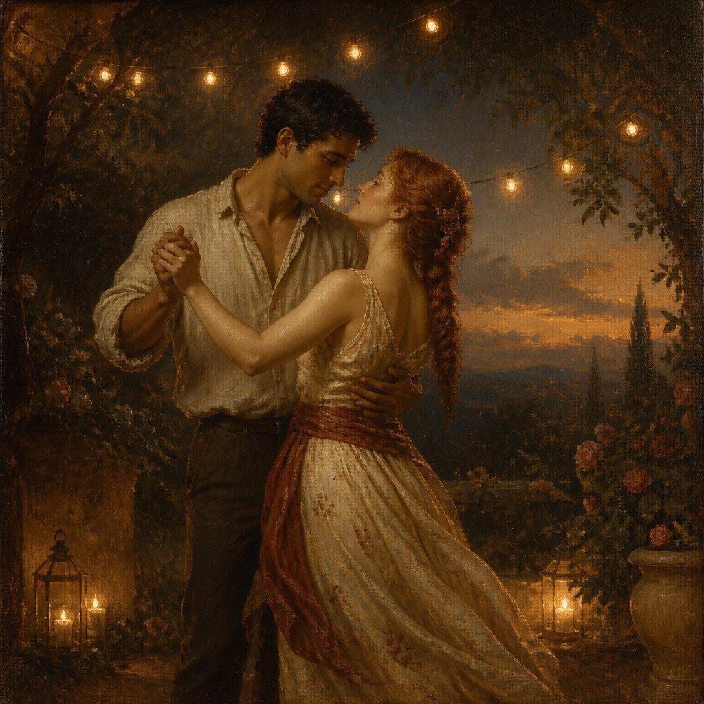 an original couple dancing under string lights in a garden at dusk: a man with short black hair in a linen shirt and a woman with braided red hair in a summer dress — Renaissance Classical Art Style couple portrait