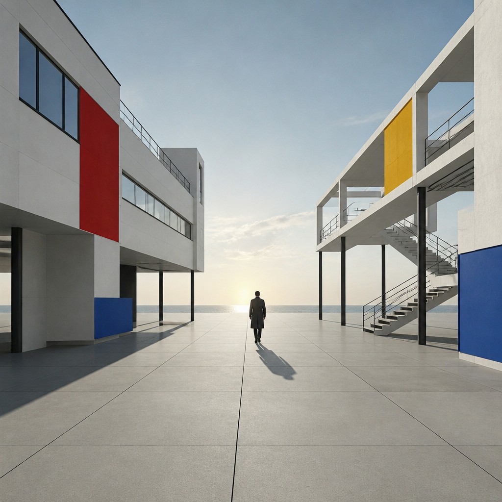 a solitary figure walking toward a glowing horizon across an empty plain, moody atmosphere, no text or lettering — Bauhaus Architecture album cover