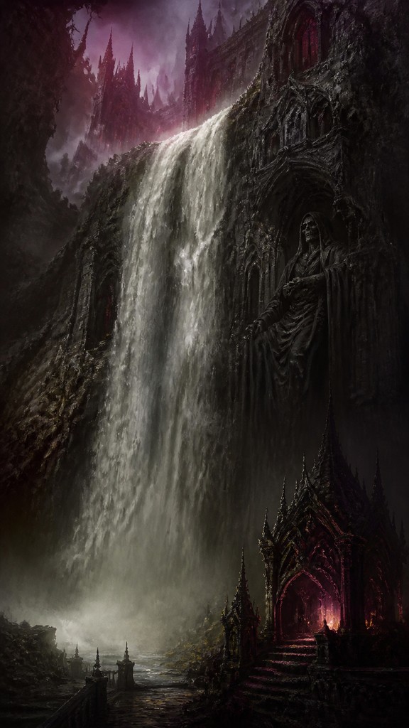 towering waterfall cascading down a cliff — Dark Fantasy Art