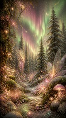a snowy pine forest under the northern lights, no people — Fairycore Aesthetic wallpaper