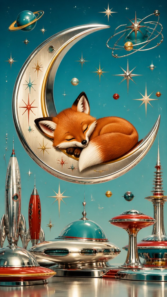 a sleeping baby fox curled on a crescent moon among soft stars, gentle and warm, no text — Atompunk Aesthetic baby announcement