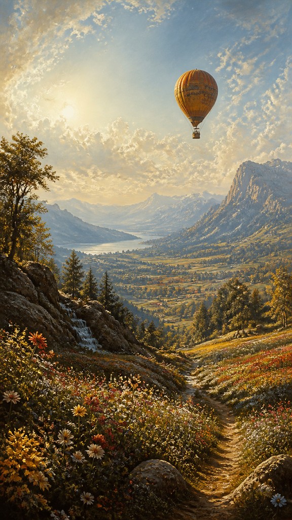 a hot air balloon drifting over rolling flower fields on a sunny day, cheerful, no text — Hudson River School Art Style greeting card