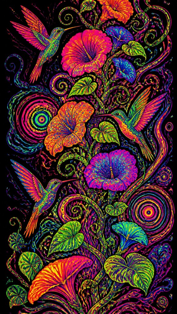 a climbing vine of flowers and hummingbirds on a dark background, tall wrapping composition, no text — Psychedelic Art Style phone case design