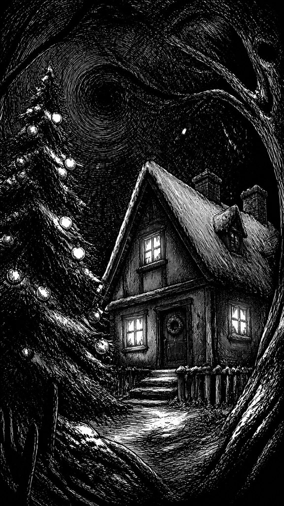 a snow-covered cottage with warm glowing windows beside a decorated pine tree, gentle snowfall, no text — Horror Manga Art Style Christmas card