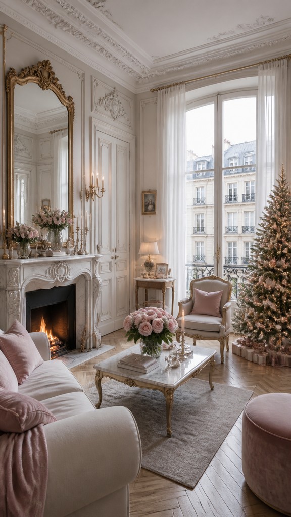 a snow-covered cottage with warm glowing windows beside a decorated pine tree, gentle snowfall, no text — Parisian Apartment Interior Design Christmas card
