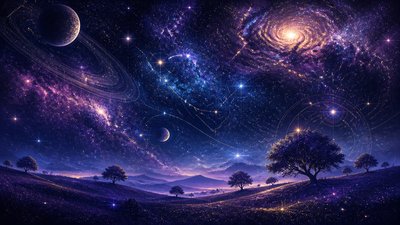 rolling hills with scattered trees under a big dramatic sky, no people — Spacecore Aesthetic wallpaper