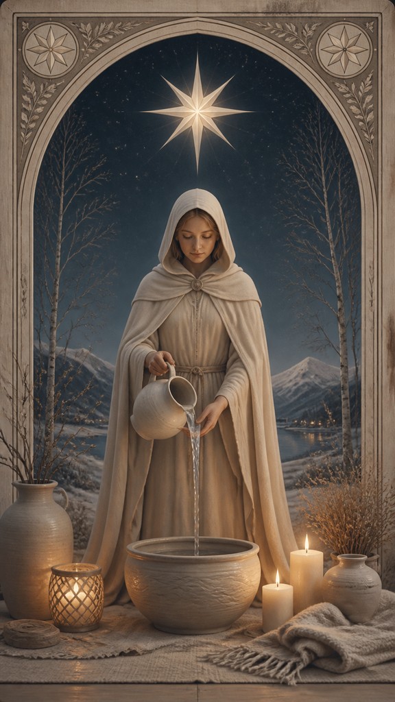 a robed figure pouring water beneath a large eight-pointed star in a night sky, symmetrical composition with an ornate decorative border, no text — Hygge Aesthetic tarot card