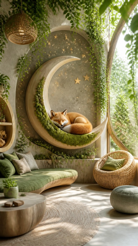 a sleeping baby fox curled on a crescent moon among soft stars, gentle and warm, no text — Biophilic Interior Design baby announcement