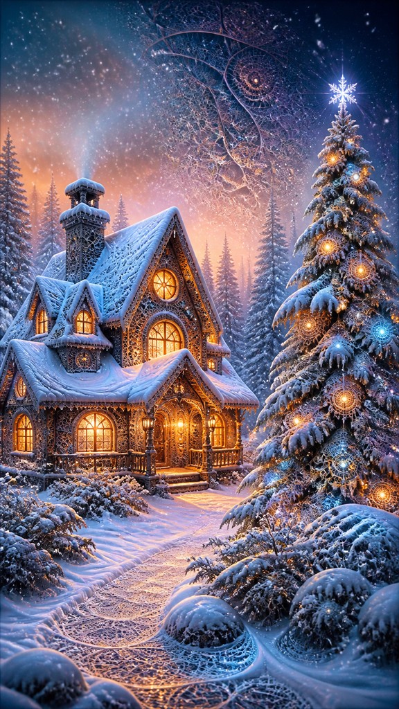 a snow-covered cottage with warm glowing windows beside a decorated pine tree, gentle snowfall, no text — Procedural Digital Art Style Christmas card