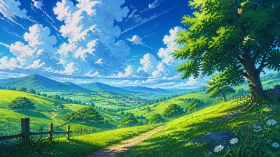 rolling hills with scattered trees under a big dramatic sky, no people — Anime Art Style wallpaper