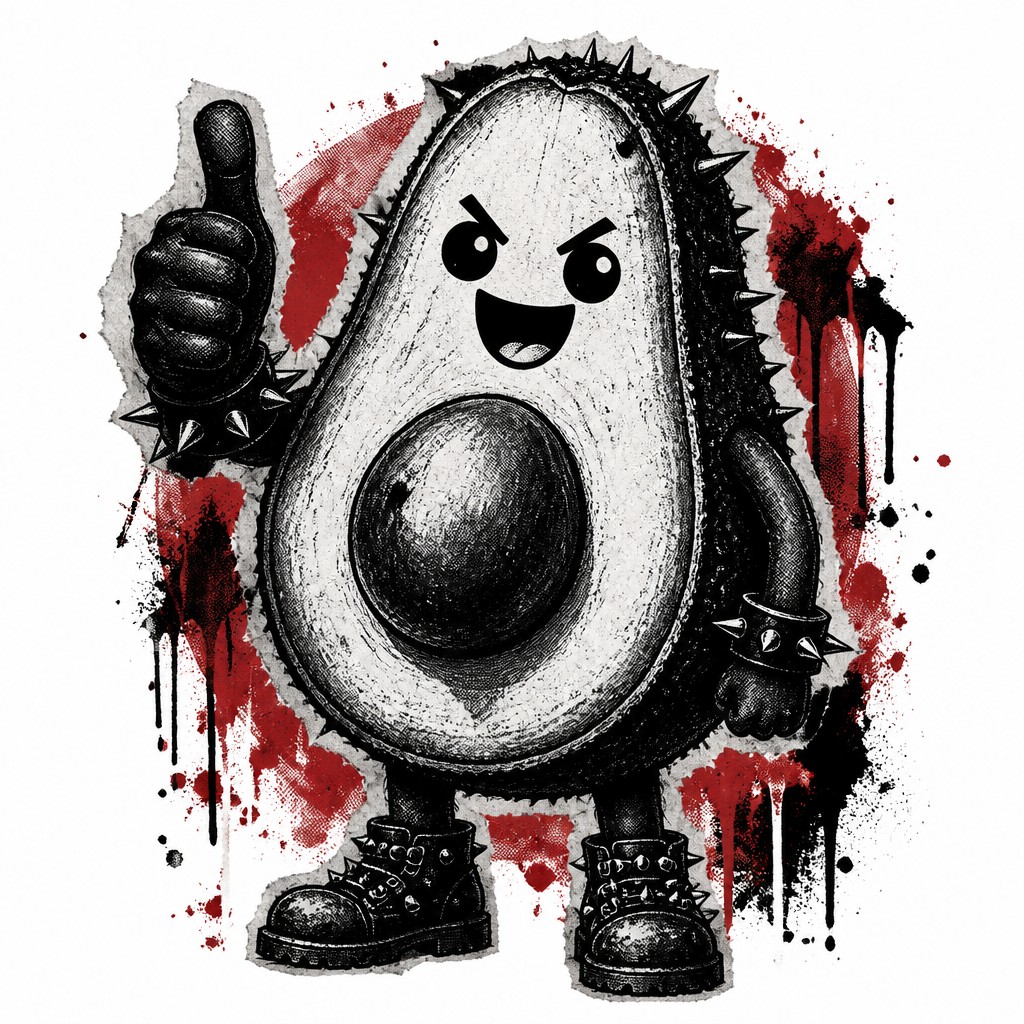 a happy avocado character giving a thumbs up, bold readable design on a plain background, no text — Gothic Punk Art sticker