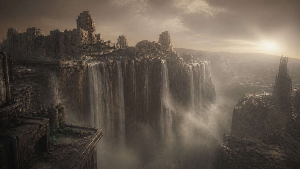 a cliffside city with waterfalls cascading into a misty canyon, wide establishing shot, no people, no text — Post-Apocalyptic Sci-Fi Art concept art