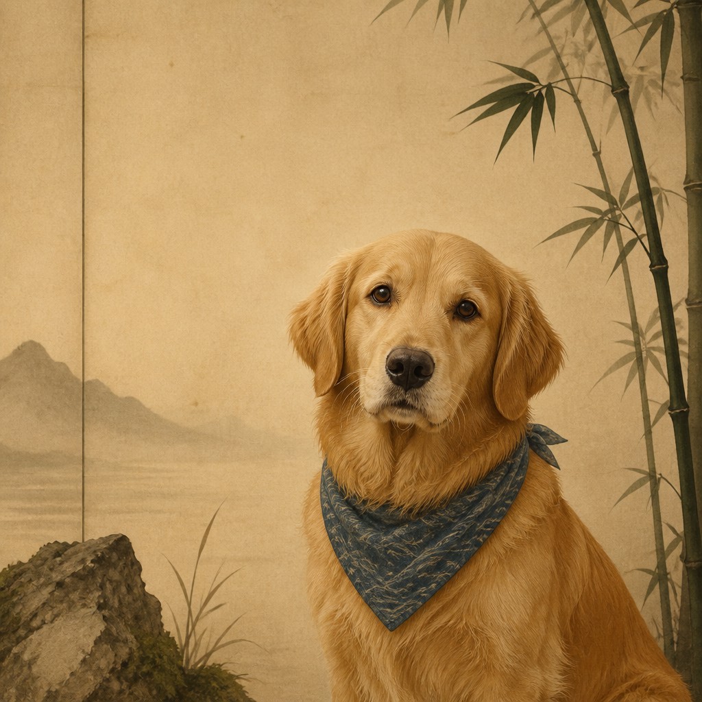 portrait of a golden retriever wearing a blue bandana, warm plain backdrop, no text — Japanese Architecture Art pet portrait